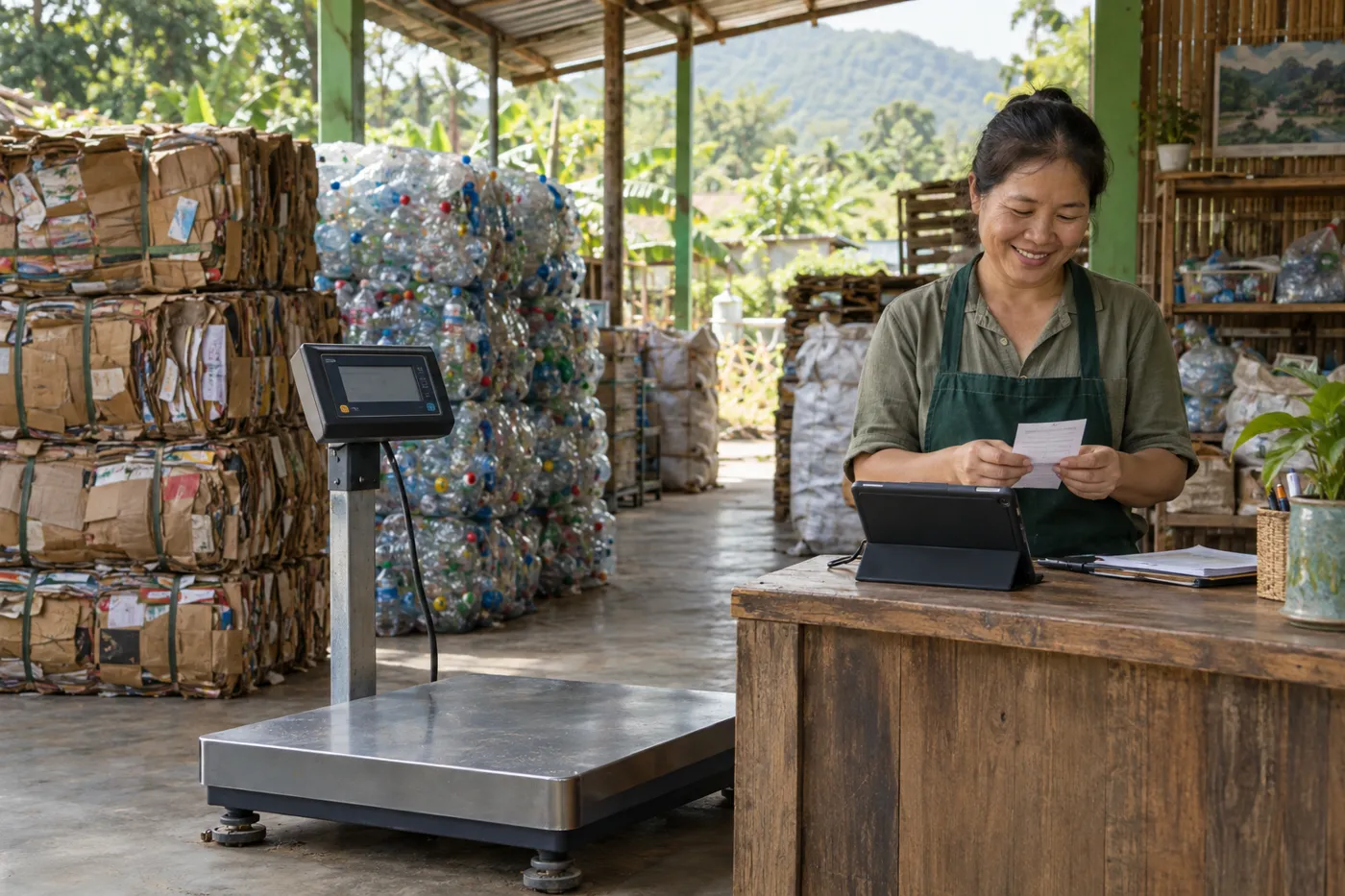 เจ้าของร้านรับซื้อของเก่าตรวจใบรับซื้อข้างเครื่องชั่งดิจิทัลและแท็บเล็ต